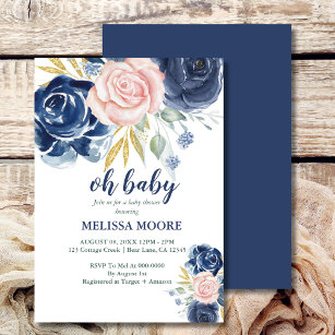 Oh Baby floral navy blue and pink girl baby shower Invitation