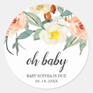 Oh Baby Floral Peach Girl Baby Shower Favor Classic Round Sticker