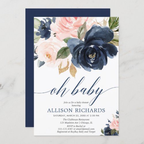 Oh baby floral pink and navy blue girl baby shower invitation