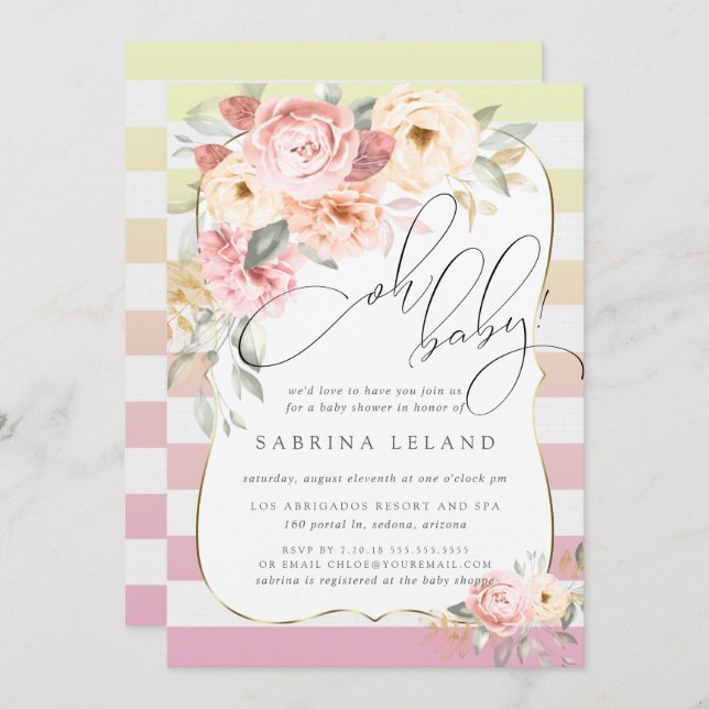 Oh Baby Floral Pink Yellow Ombre Stripes Invitation (Front/Back)