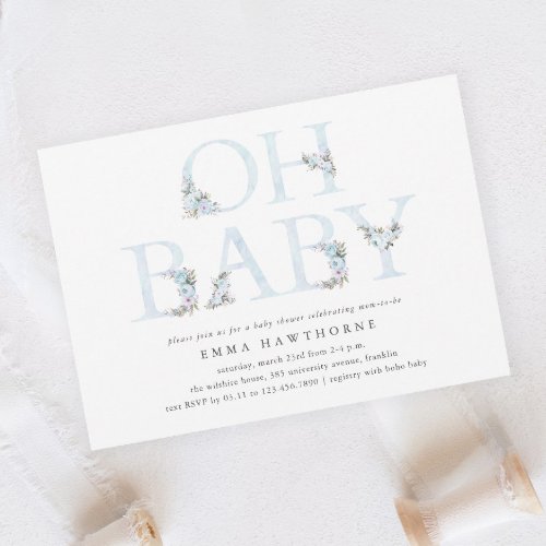 Oh Baby Floral Typography Boys Baby Shower Invitation