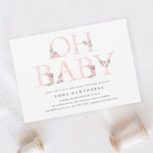 Oh Baby Floral Typography Pink Baby Shower Invitation