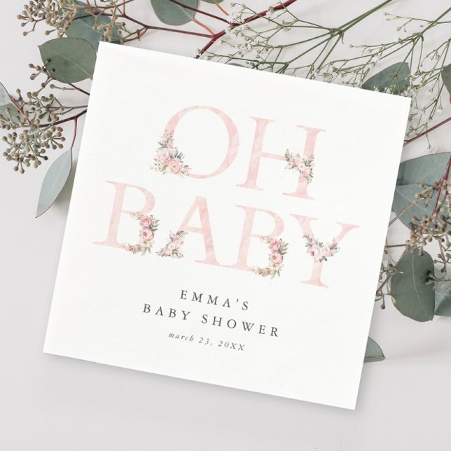 Oh Baby Floral Typography Pink Baby Shower Napkins (Elegant Pink Floral Typography Oh Baby Shower Napkins.)