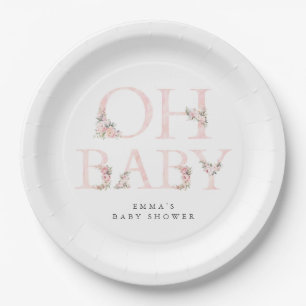 Oh Baby Floral Typography Pink Baby Shower Paper Plates
