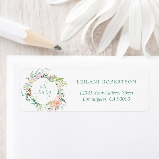 Oh Baby Floral Watercolor Pastel Wreath Mint Label (Insitu)