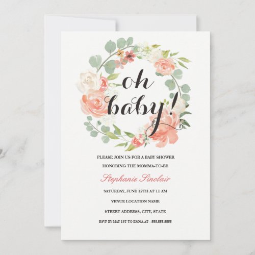 Oh Baby Floral Wreath Baby Shower Invitation