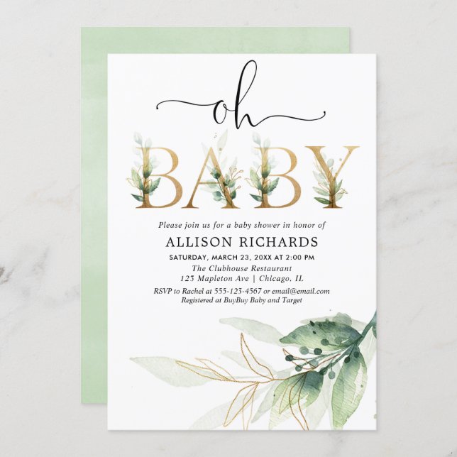 Oh baby gender neutral greenery baby shower invitation (Front/Back)