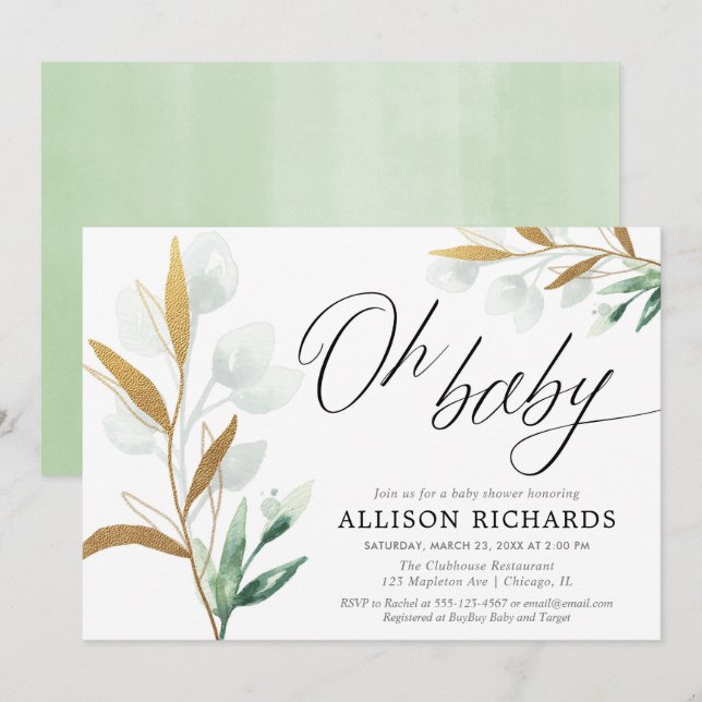 Oh Baby gender neutral greenery gold baby shower Invitation (Front/Back)