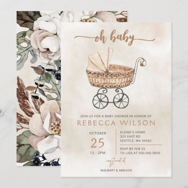 Oh Baby Gender Neutral Pram Boho Baby Shower  Invitation (Front/Back)
