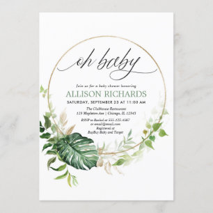 Oh baby gender neutral tropical greenery gold baby invitation