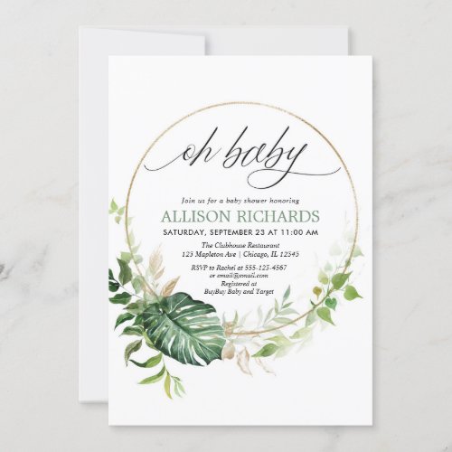 Oh baby gender neutral tropical greenery gold baby invitation