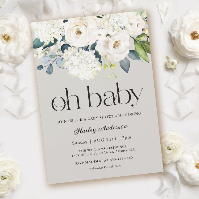 Oh Baby Gender Neutral White Floral Baby Shower Invitation (Creator Uploaded)