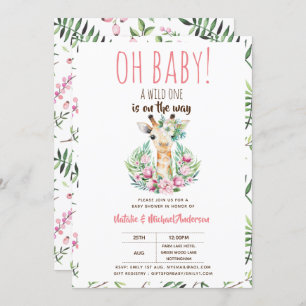 Oh Baby Giraffe A Wild One Safari Animal Floral Invitation