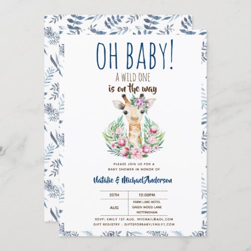 Oh Baby Giraffe A Wild One Safari Animal Floral Invitation