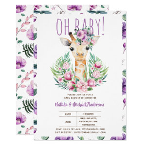 Oh Baby GIRAFFE with Purple Flowers Modern Shower Invitation
