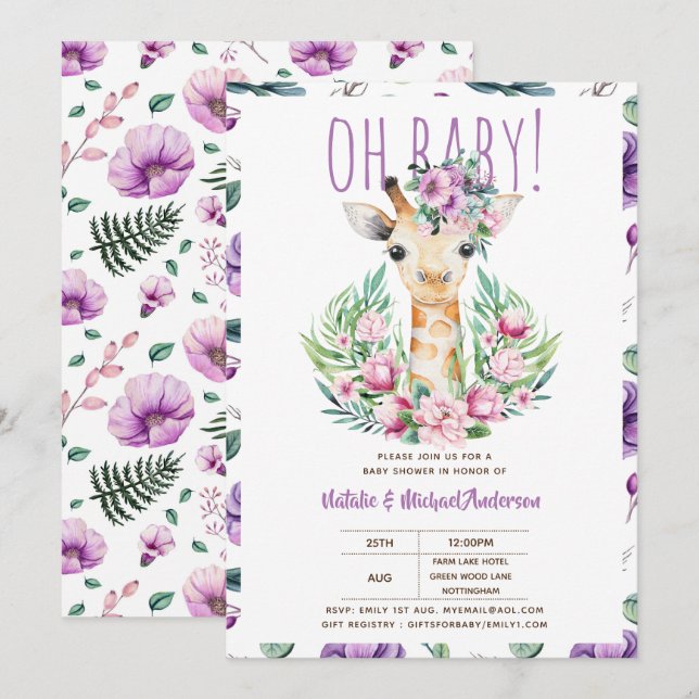 Oh Baby GIRAFFE with Purple Flowers Modern Shower Invitation (Front/Back)