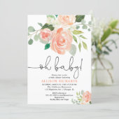 Oh baby girl baby shower floral peach greenery invitation (Standing Front)