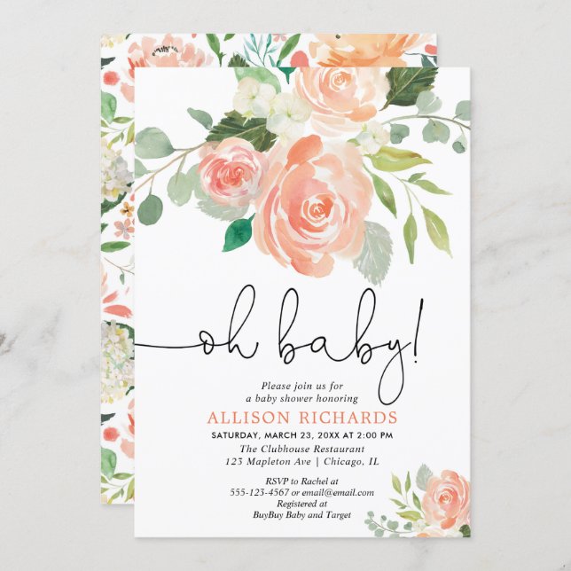 Oh baby girl baby shower floral peach greenery invitation (Front/Back)