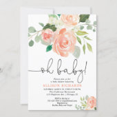 Oh baby girl baby shower floral peach greenery invitation (Front)