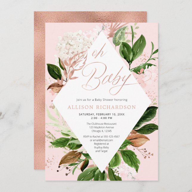 Oh baby girl baby shower rose gold green leaves invitation (Front/Back)
