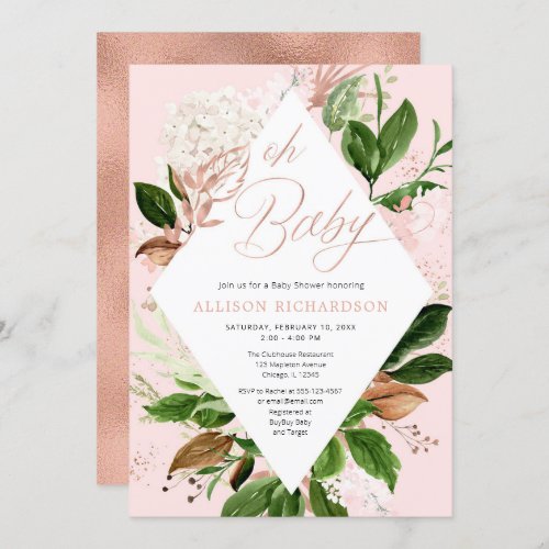 Oh baby girl baby shower rose gold green leaves invitation