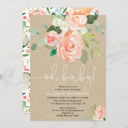 Oh baby girl baby shower rustic kraft floral invitation