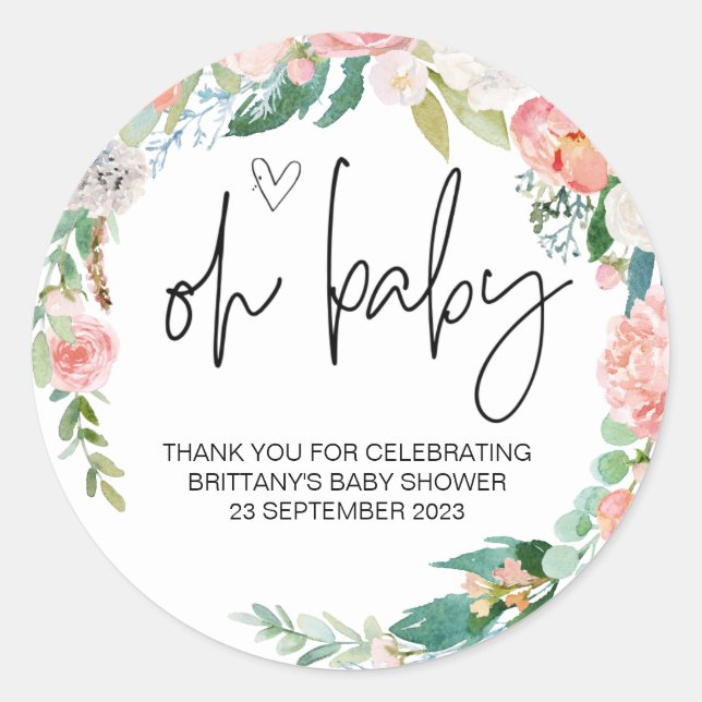  Oh Baby Girl Boy Cute Baby Shower Simple Elegant  Classic Round Sticker (Front)