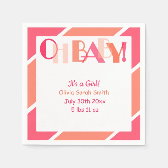 Oh Baby Girl Coral Typography Modern Baby Shower Napkins (Front)