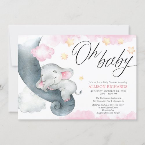 Oh baby girl elephant pink yellow baby shower invitation