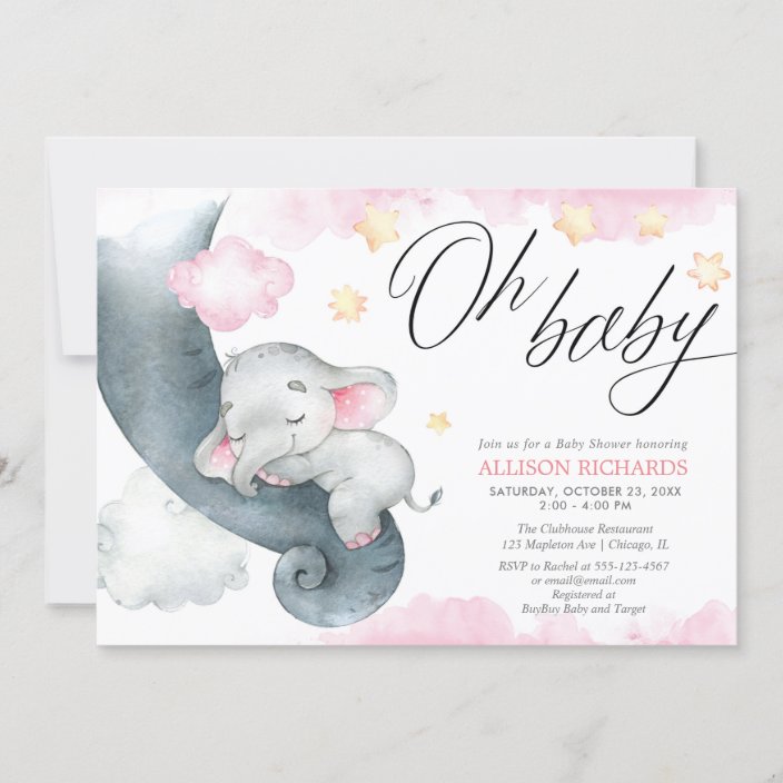 Oh Baby Girl Elephant Pink Yellow Baby Shower Invitation Zazzle Com