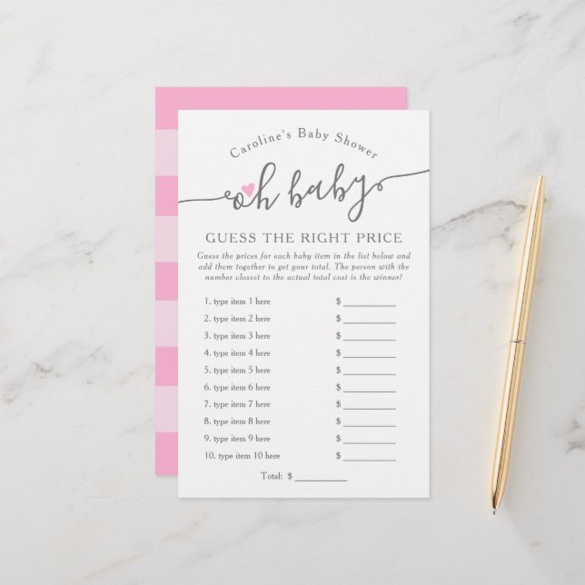 Oh Baby Girl Guess Price Pink Baby Shower Game (Front/Back In Situ)