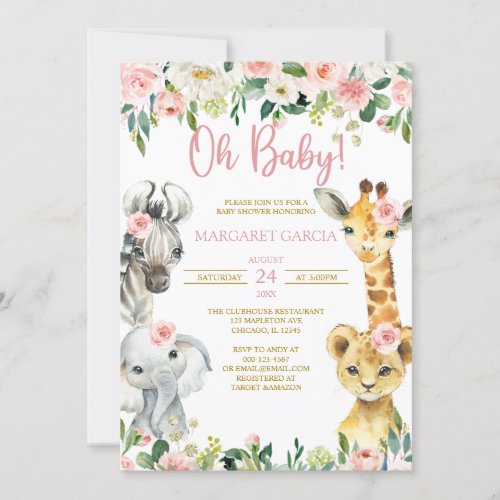 Oh Baby Girl Jungle Safari Animals Baby Shower Invitation