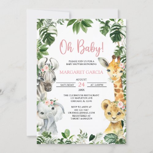 Oh Baby Girl Jungle Safari Animals Baby Shower Invitation