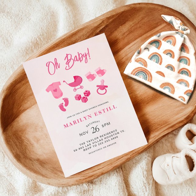 Oh Baby Girl Pink Baby Shower Invitation (Creator Uploaded)