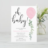 Oh Baby girl pink balloon eucalyptus baby shower Invitation (Standing Front)