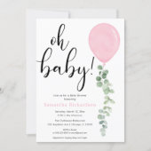Oh Baby girl pink balloon eucalyptus baby shower Invitation (Front)