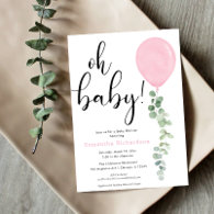 Oh Baby girl pink balloon eucalyptus baby shower Invitation