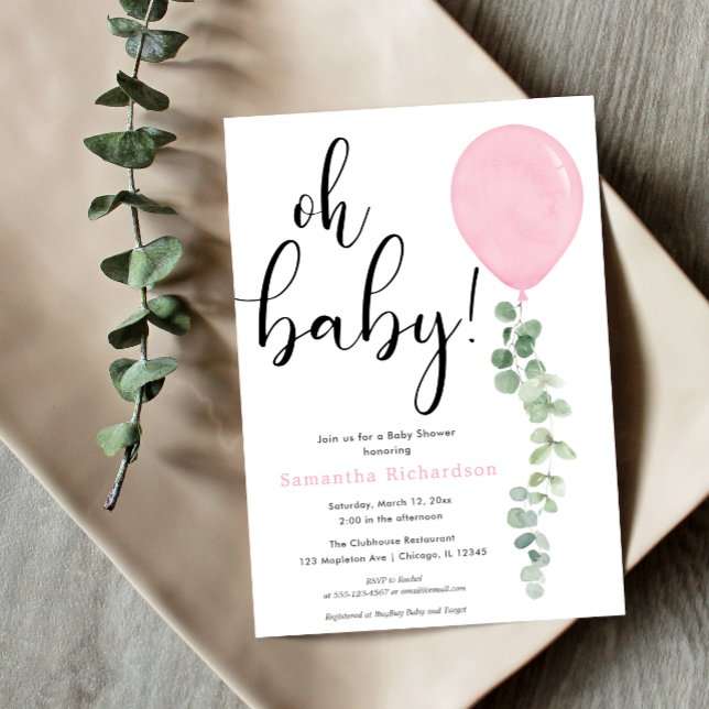 Oh Baby girl pink balloon eucalyptus baby shower Invitation