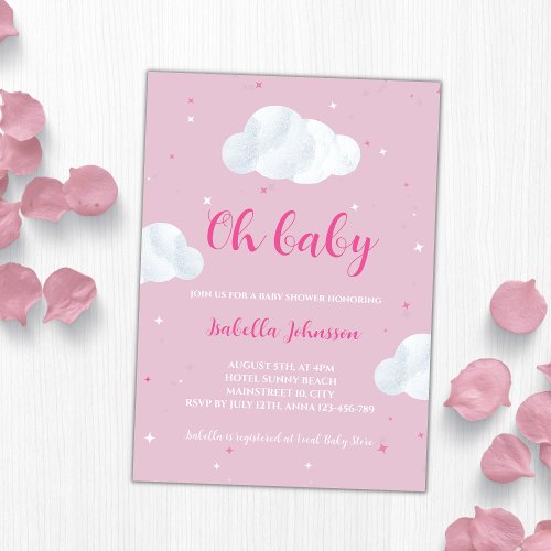 Oh Baby Girl Pink Clouds Sky Stars Baby Shower Invitation