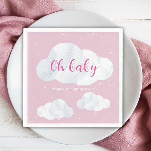 Oh Baby Girl Pink Clouds Sky Stars Baby Shower Napkins