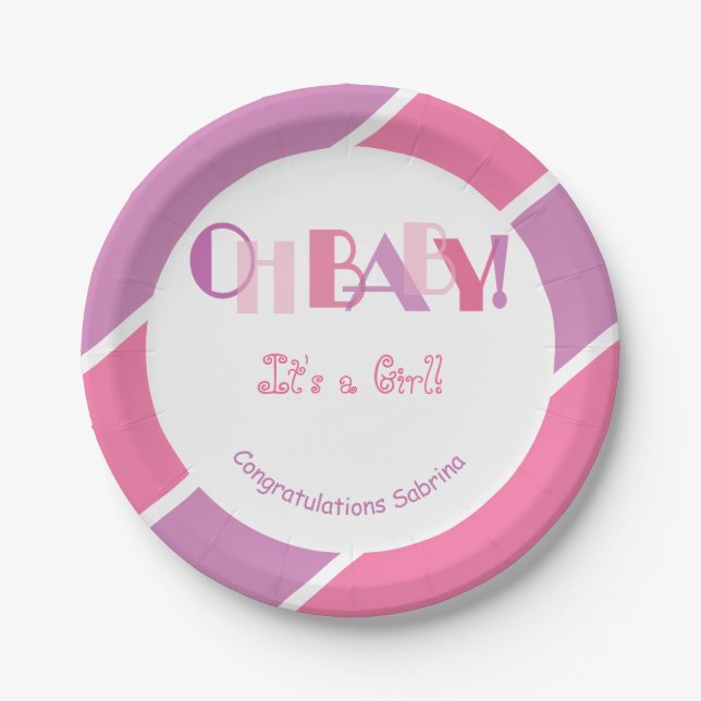 Oh Baby Girl Pink Modern Baby Shower Paper Plates (Front)