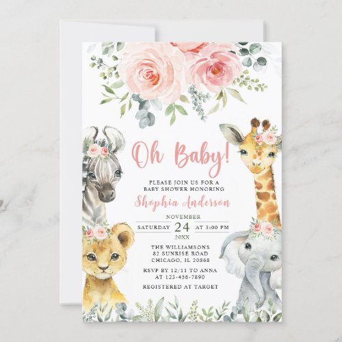 Oh Baby Girl Safari Animals Baby Shower Invitation