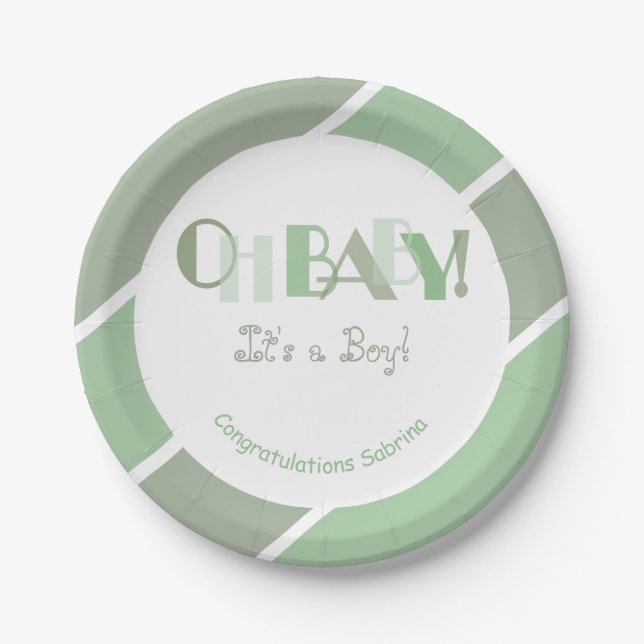 Oh Baby Girl Sage Green Modern Baby Shower Paper Plates (Front)