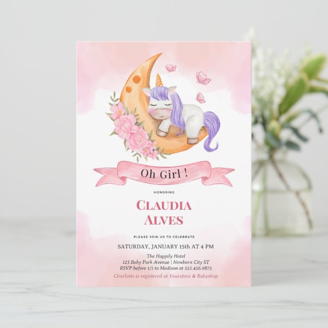 Oh Baby Girl Unicorn Shower Invitation (Standing Front)