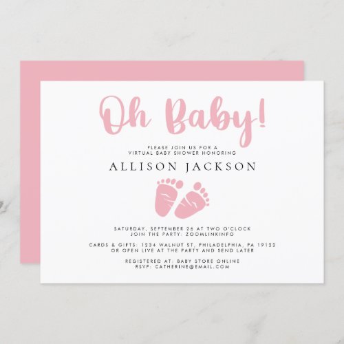 Oh Baby Girl Virtual Shower Pink Baby Feet Simple Invitation