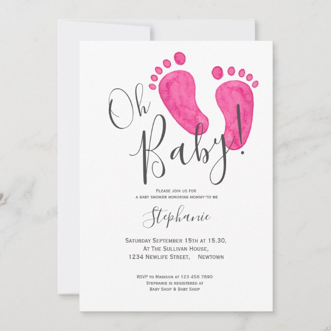 Oh Baby Girl's Pink Baby Feet Baby Shower  Invitation (Front)
