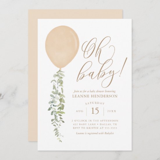 Oh Baby Gold Balloon Eucalyptus Baby Shower Invita Invitation