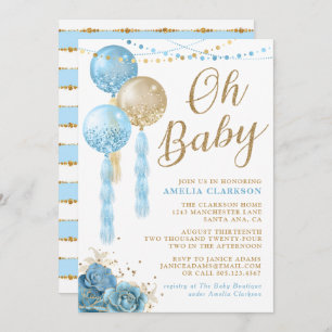 Oh Baby Gold & Blue Balloons Baby Shower Invitatio Invitation