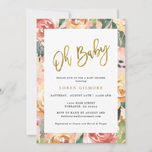 Oh Baby Gold Floral Pattern Baby Shower Invitation