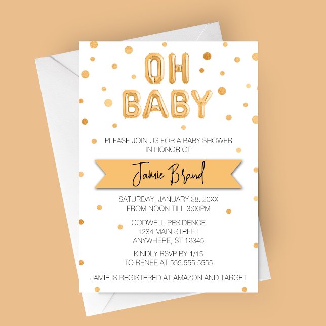 Oh Baby Gold Foil Balloon Baby Shower Invitation (Oh Baby Gold Foil Balloon Letters Baby Shower Invitation - Neutral Baby Shower)